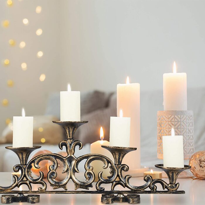Relaxdays Kerzenständer antik, 5-armig, Kerzenhalter Stumpenkerzen, Shabby Chic, Gusseisen, HBT 20 x 59 x 9,5 cm, (Schwarz/Gold, Single)