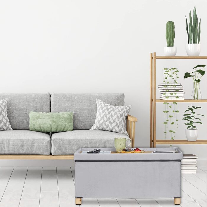 Relaxdays Sitzbank mit Stauraum, Samt, Holzfüße, 120 kg, faltbar, 34x76x38 cm, Hellgrau