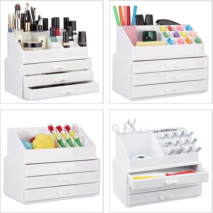 Relaxdays 2 x Make Up Organizer klein, 2-teilige Schminkaufbewahrung mit 3 Schubladen, stapelbares Kosmetikregal, weiß