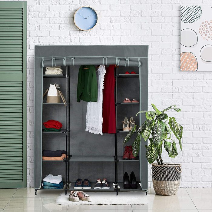 Relaxdays Stoffschrank mit Kleiderstange & 12 Ablagen, HBT: 175x135x45cm, Kleiderschrank mit Reißverschluss, anthrazit