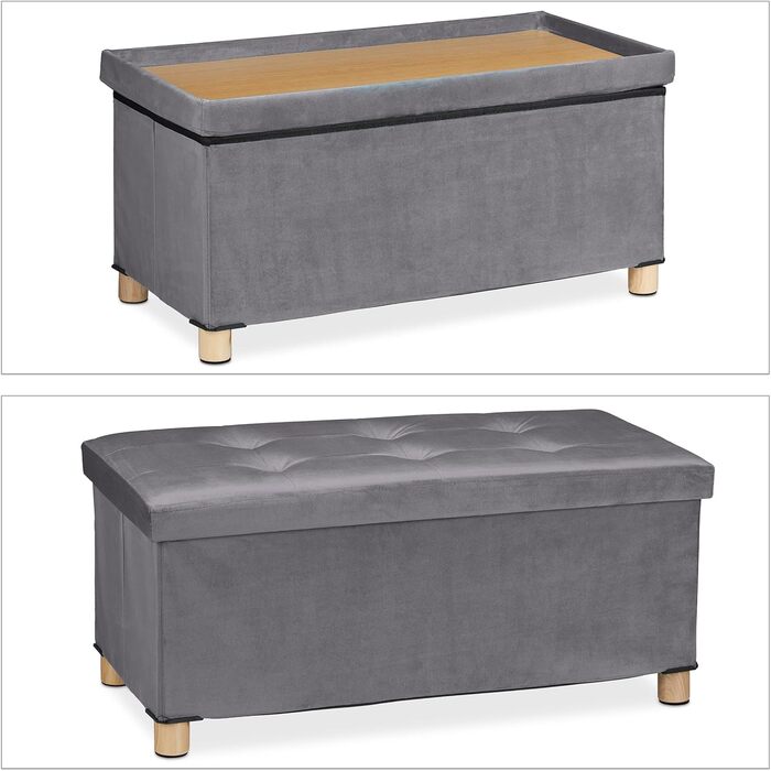 Relaxdays Sitzbank mit Stauraum, Samt, Holzfüße, bis 120 kg, faltbar, 34x76x38 cm, Anthrazit
