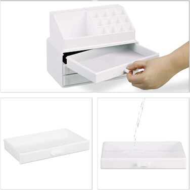 Relaxdays 2 x Make Up Organizer klein, 2-teilige Schminkaufbewahrung mit 3 Schubladen, stapelbares Kosmetikregal, weiß