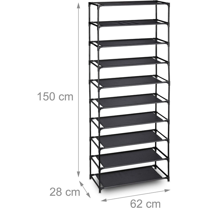 Relaxdays, schwarz Stoff Schuhregal Stecksystem, 10 Ebenen, für 30 Paar Schuhe, Schuhständer hoch HxBxT 150 x 62 x 28 cm, 1 Stück