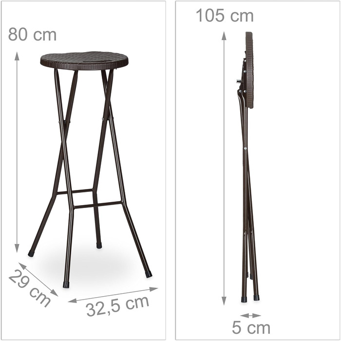 Relaxdays Barhocker klappbar BASTIAN 2er Set, wetterfest, 80 cm, Kunststoff, Braun