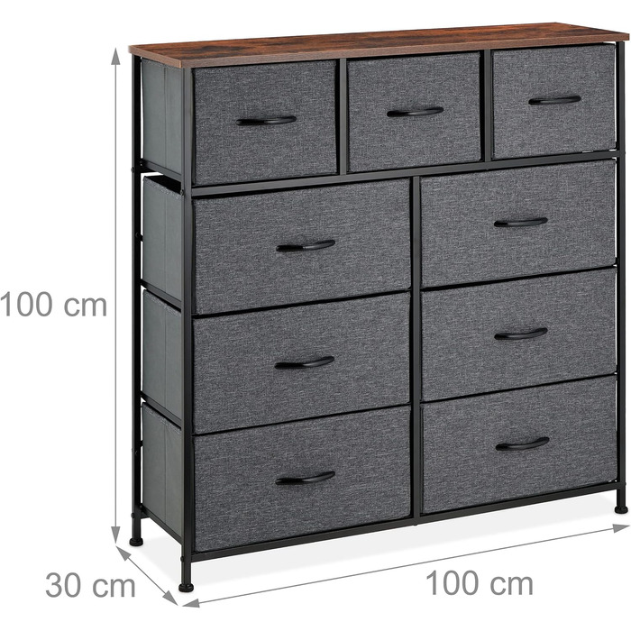 Relaxdays Kommode, 100x100x30 cm, Metall & Holzoptik, 9 Stoff-Schubladen, Moderne Beistellkommode