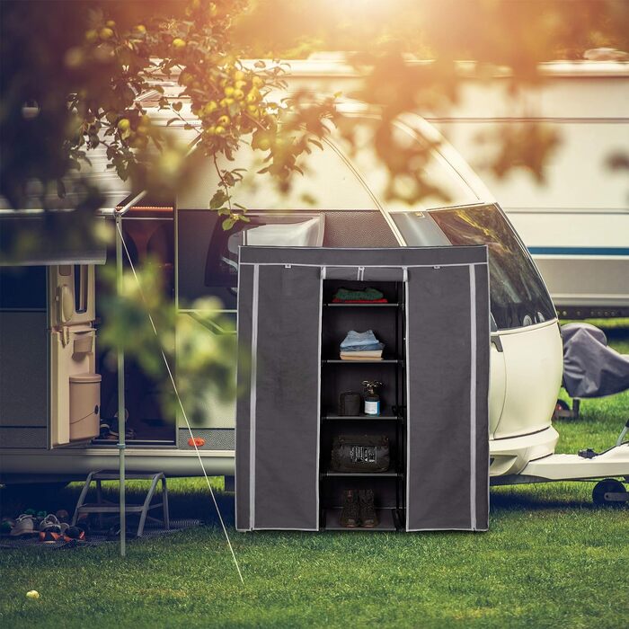 Relaxdays Stoffkleiderschrank, 9 Fächer, 2 Kleiderstangen, HBT: 173 x 148 x 43 cm, Camping, Keller, Faltschrank, anthrazit, Stoff
