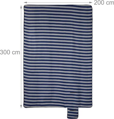 Relaxdays XXL Picknickdecke, 200x300 cm, isoliert, wasserdicht, gestreifte Fleece Stranddecke, Tragegriff, blau/grau