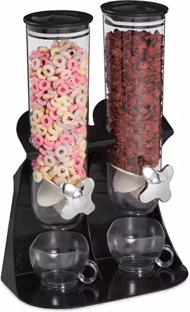Relaxdays Müslispender doppelt, Cerealienspender für Müsli, Cornflakes, Süßigkeiten, Snackspender Kunststoff, schwarz