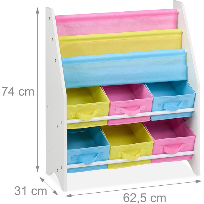 Relaxdays Kinderregal mit 6 Boxen, 2 Taschen, Spielzeugregal, HBT: 74x62,5x31 cm, bunt