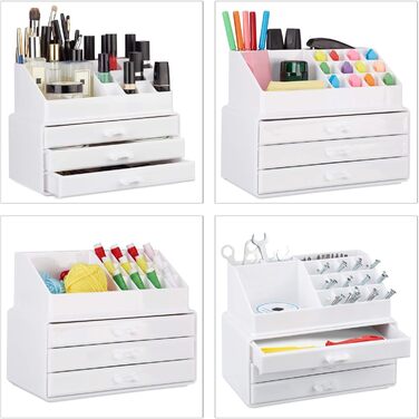 Relaxdays 2 x Make Up Organizer klein, 2-teilige Schminkaufbewahrung mit 3 Schubladen, stapelbares Kosmetikregal, weiß