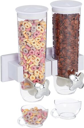 Relaxdays Müslispender doppelt, Wandmontage, für Müsli, Cornflakes, Süßigkeiten, Cerealienspender, Kunststoff, (Weiß)
