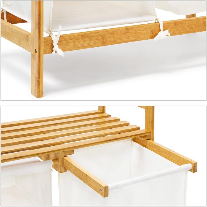 Relaxdays Wäschesammler Linea Bambus HxBxT: ca. 77 x 69,5 x 36 cm Wäschepuff mit 40 Litern Volumen 2 Ablagen und 3 Fächern als Wäschebehälter mit Wäschesack aus weißem Stoff und 2 Griffen, natur Single
