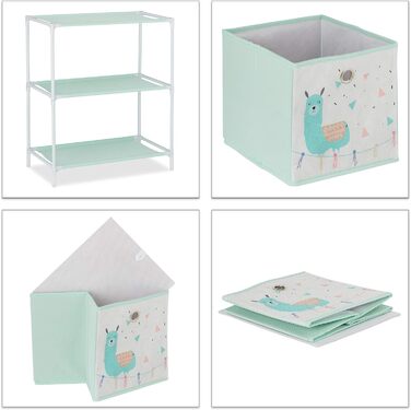Relaxdays Kinderregal mit 4 Boxen, Lama-Design, HBT 62x53x30 cm, bunt, für Jungen & Mädchen, Spielzeug