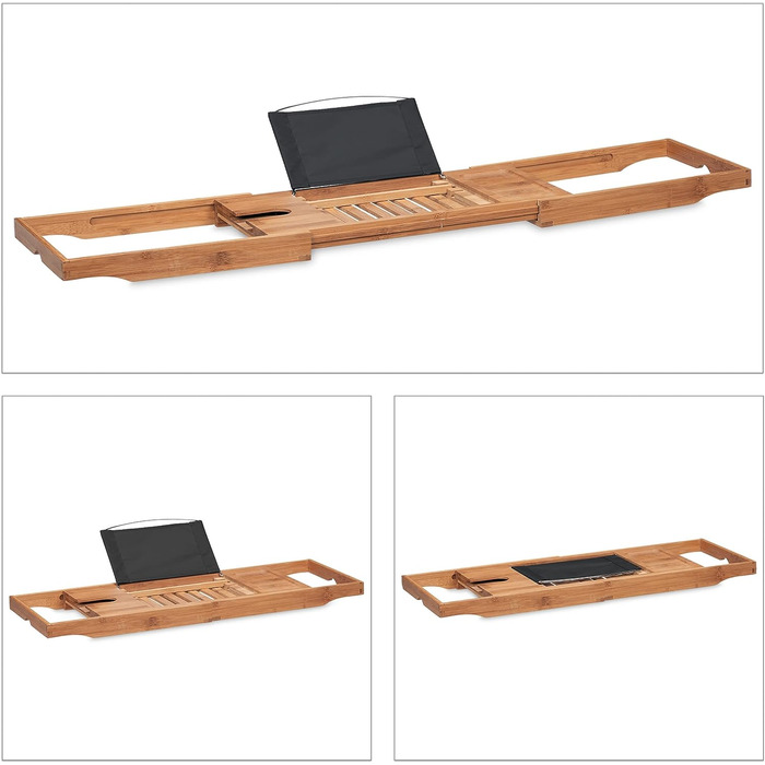 Relaxdays Badewannenablage, Bambus, 70-105 cm ausziehbar, Buchstütze, Weinglashalter, Badewannentisch, Natur/schwarz