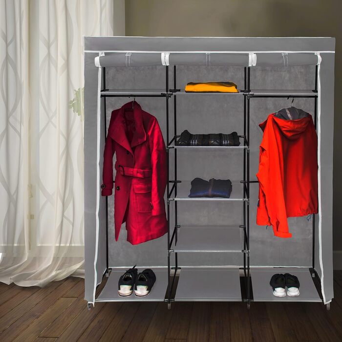 Relaxdays  x Faltschrank Valentin XXL, Stoffschrank, 2 Kleiderstangen, 9 Ablagen, Kleiderschrank, HBT 73 x 48 x 42,5 cm,     Stück (1, Anthrazit, Weiß, 173 x 148 x 43 cm)