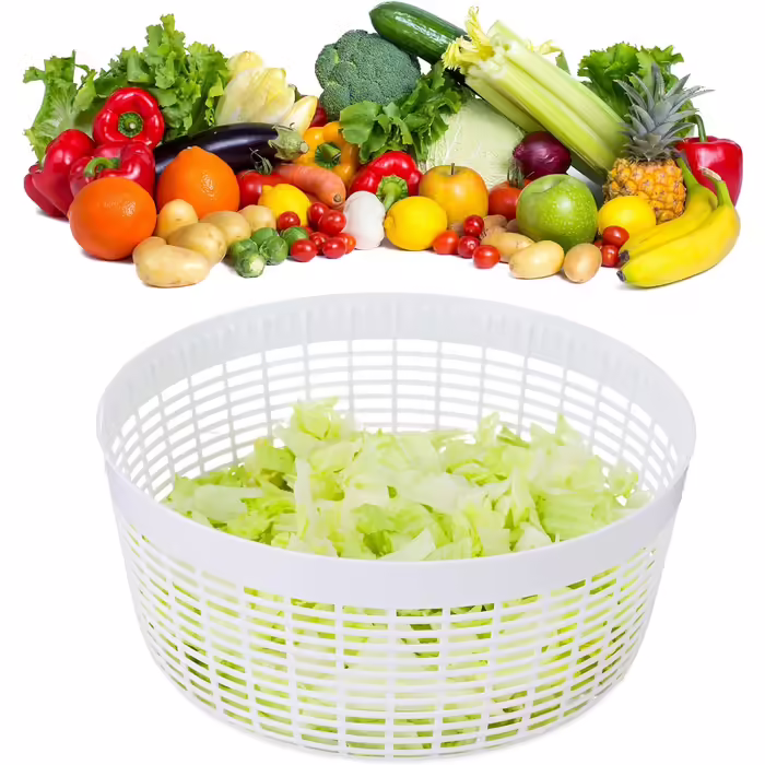 Relaxdays 10024697 Salatschleuder zum Ziehen, Profi Salad Spinner, großer Salattrockner, XXL Salatkarusssel 7 Liter, weiß-grün
