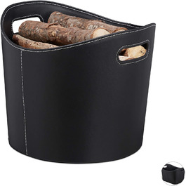 Relaxdays, schwarz Kaminholzkorb Kunstleder  stabiler Feuerholzkorb mit Tragegriffen, für Brennholz & Zeitungen, oval, 80% Pappe (L, Single)