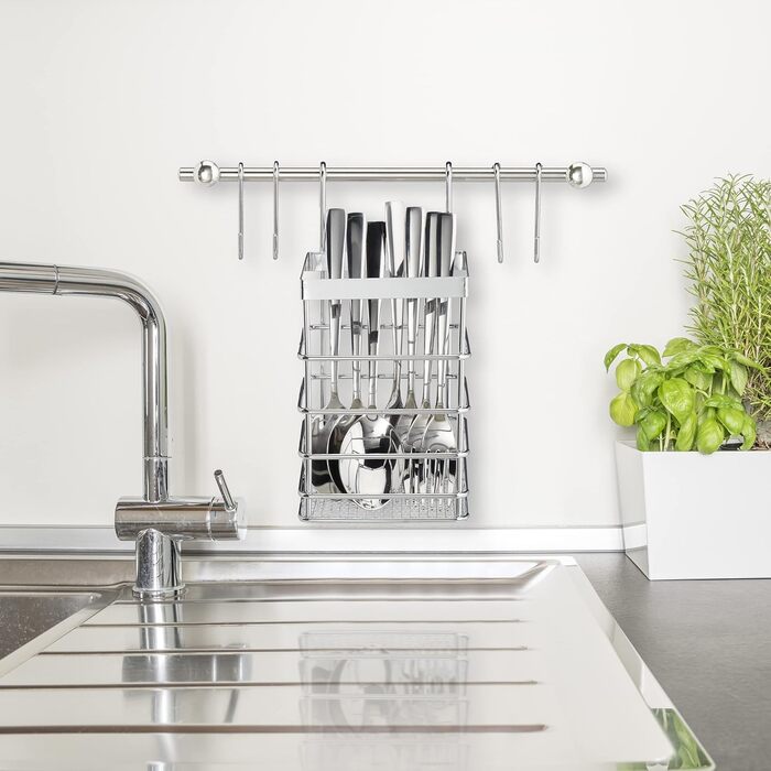 Relaxdays Küchenutensilienhalter Set, Edelstahl-Optik, Küchenrollenhalter, Abtropfgestell, Hängeleisten, 6 Haken, silber