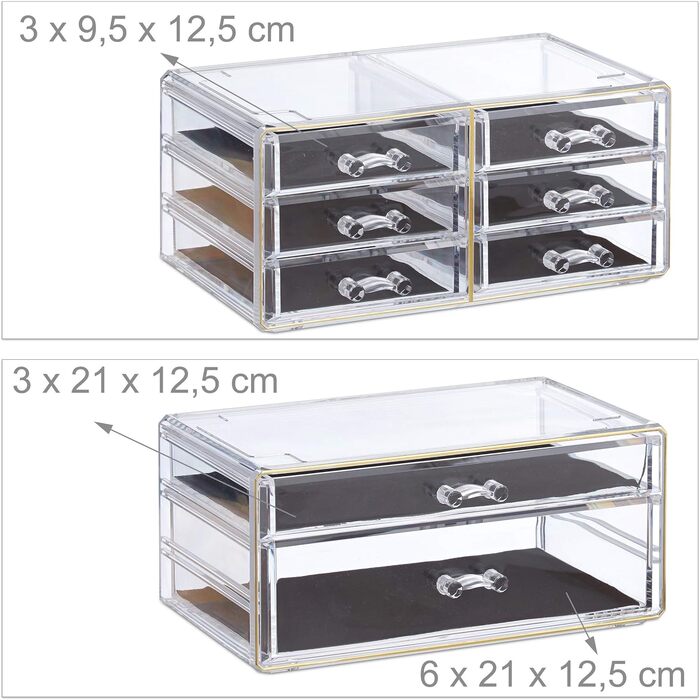 Relaxdays  x Make Up Organizer mit Schubladen, stapelbarer Schmuckkasten für Make Up, Acryl Schminkaufbewahrung,     Stück (1, Transparent-gold, 1 Stück)