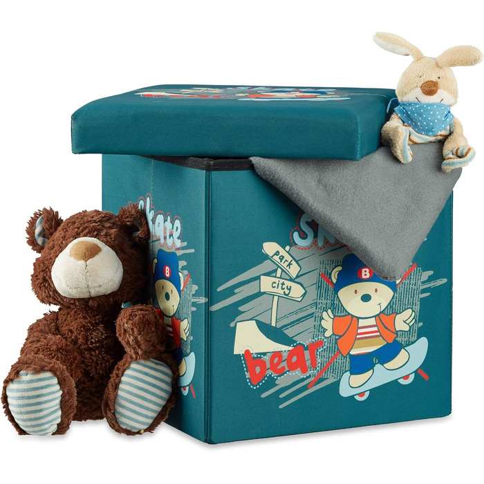 Relaxdays Sitzhocker für Kinder, faltbar, mit Stauraum, Aufbewahrungsbox mit Deckel, HxBxT 38 x 38 x 38 cm, Bär