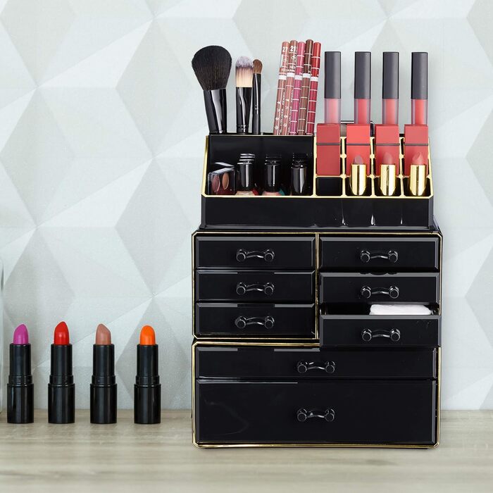Relaxdays  x Make Up Organizer mit Schubladen, stapelbarer Schmuckkasten für Make Up, Acryl Schminkaufbewahrung,     Stück (1, Schwarz-gold, 1 Stück)