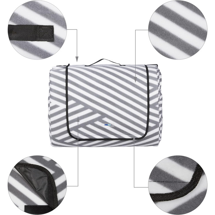 Relaxdays XXL Picknickdecke, 600x200 cm, isoliert, wasserdicht, Fleece Stranddecke, Tragegriff, Zickzack, weiß/grau