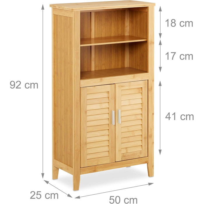 Relaxdays Badezimmerschrank Bambus, HBT: 92x50x25 cm, Badschrank mit Lamellentüren, natur, 1 Stück