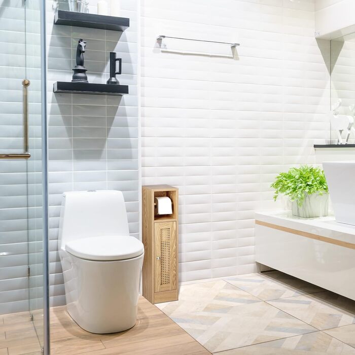 Relaxdays Toilettenpapierhalter stehend, Badezimmeregal HBT: 80x20,5x21 cm, Holzoptik, schmaler WC Papier Schrank, braun
