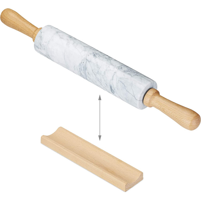 Relaxdays Nudelholz Marmor, Griffe aus Holz, Teigroller zum Kochen & Backen, mit Ablage, 48 cm, schwere Backrolle, weiß