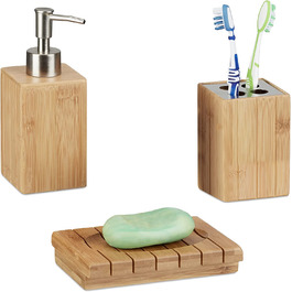 Relaxdays Badaccessoires Bambus, 3-teiliges Badezimmer Set aus Seifenspender, Seifenschale u. Zahnbürstenhalter, natur, 10 x