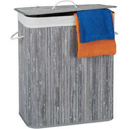 Relaxdays Wäschekorb Bambus, rechteckig, 2 Fächer, 95 l, faltbar, mit Deckel, (Grau)