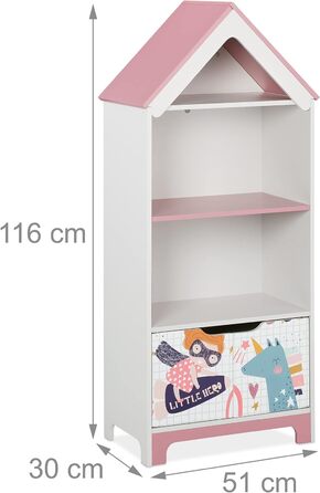 Relaxdays Kinderregal, Heldinnenmotiv, 4 Fächer für Spielzeug, HBT: 93x63x28 cm, Kinderzimmerregal mit Türen, weiß/rosa