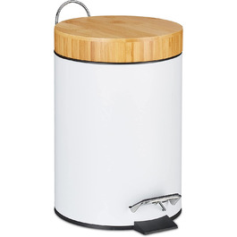 Relaxdays Mülleimer Bad, 3 l, Kosmetikeimer mit Absenkautomatik, Bambusdeckel, entnehmbarer Inneneimer, Treteimer, weiß