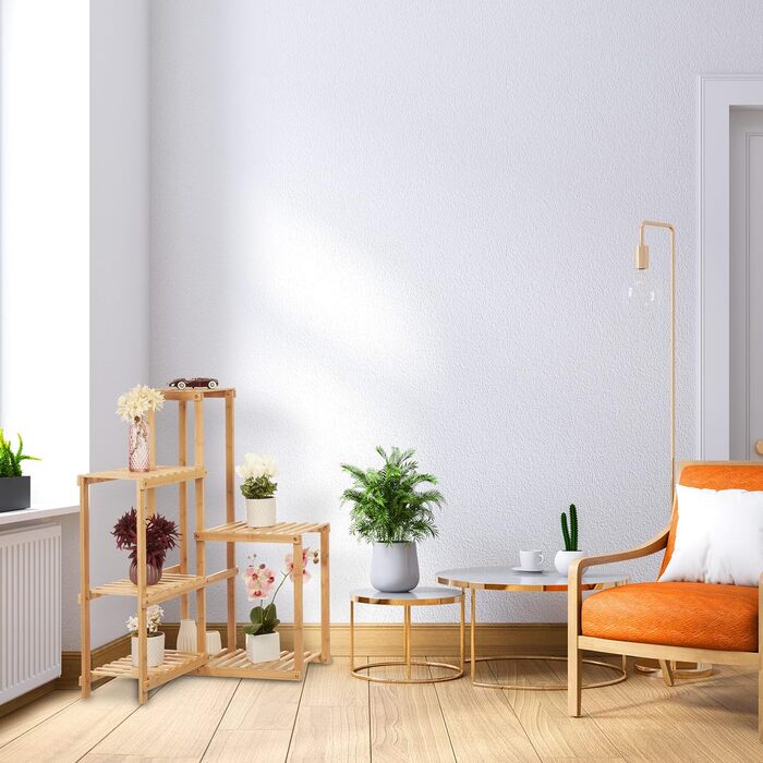 Relaxdays Pflanzenregal Bambus, 6 Ablagen, Eckregal, HBT: 101x62x62 cm, Blumenregal Wohnzimmer
