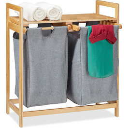 Relaxdays Wäschekorb mit Ablage, 2 Fächer, 2x 30 l Wäschesäcke, Bambus Ausziehwäschekorb HBT 73 x 64 x 33 cm, natur/grau, 1 S