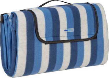 Relaxdays XXL Picknickdecke, 200 x 200 cm, Fleece Stranddecke, wärmeisoliert, wasserdicht, mit Tragegriff, blau/weiß