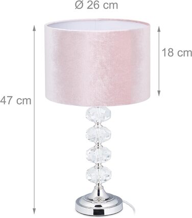 Relaxdays Tischlampe, Samt und Kristall, HxD: 47 x 26 cm, E14-Fassung, Nachttischlampe, indirekte Beleuchtung, rosa