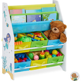 Relaxdays Kinderregal, Tiere Motiv, 6 Boxen, 2 Fächer, Kinderzimmer, Spielzeug Aufbewahrung HBT 74 x 62 x 31,5 cm, bunt, Holzwerkstoff,  1 Stück (Meerjungfrau)