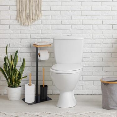 Relaxdays WC Garnitur, Bambus, Eisen, freistehender Klopapierhalter, Toilettenbürste mit Halter, schwarz/Natur