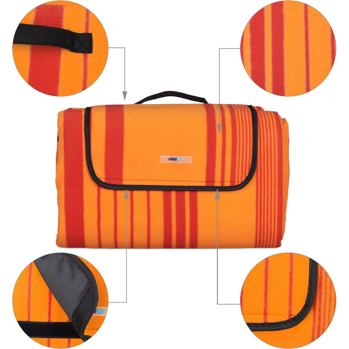 Relaxdays XXL Picknickdecke, 200x300 cm, isoliert, wasserdicht, gestreifte Fleece Stranddecke, Tragegriff, orange/rot