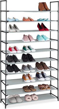 Relaxdays XXL Schuhregal Stecksystem, 10 Ebenen, für 50 Paar Schuhe, Stoff Schuhständer HBT 176,5x99x29,5 cm, (Grau)