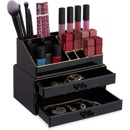 Relaxdays Make Up Organizer klein, 2-teilige Schminkaufbewahrung mit Schubladen, stapelbares Kosmetikregal, schwarz/Gold, 1 Stück