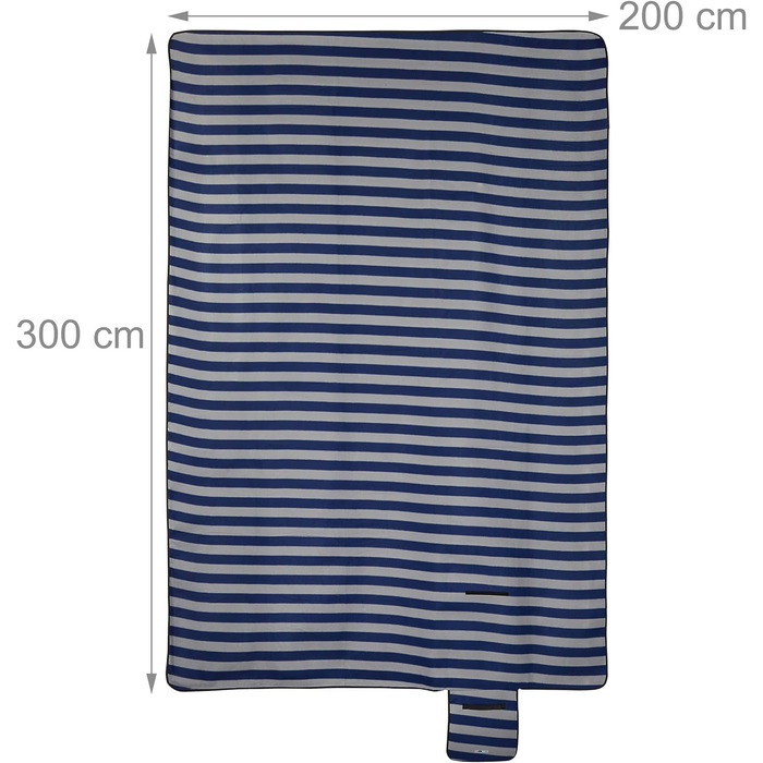 Relaxdays XXL Picknickdecke, 200x300 cm, isoliert, wasserdicht, gestreifte Fleece Stranddecke, Tragegriff, blau/grau