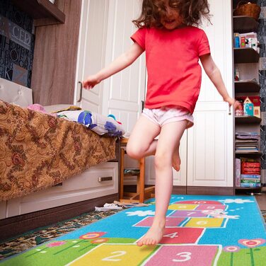 Relaxdays Kinderteppich Hüpfspiel, 180 x 70 cm, 10 Hüpfkästchen, Kurzflor, gummierte Unterseite, Spielteppich, bunt, 1 Stück
