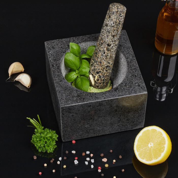 Relaxdays Eckiger Mörser mit Stößel aus Granit