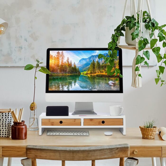 Relaxdays Monitorständer, 2 Schubladen, PC-Erhöhung, 12x56x27 cm, Bambus & MDF, weiß/Natur