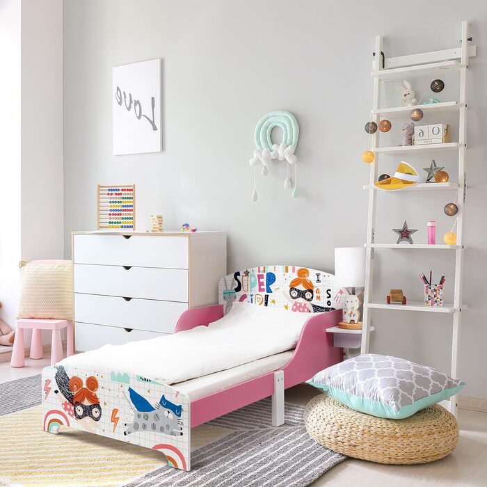 Relaxdays Kinderbett, HBT 60 x 94 x 143 cm, Kleinkindbett mit Ablage, Rausfallschutz, Lattenrost, Superheldin, MDF, bunt
