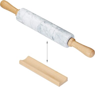 Relaxdays Nudelholz Marmor, Griffe aus Holz, Teigroller zum Kochen & Backen, mit Ablage, 48 cm, schwere Backrolle, weiß