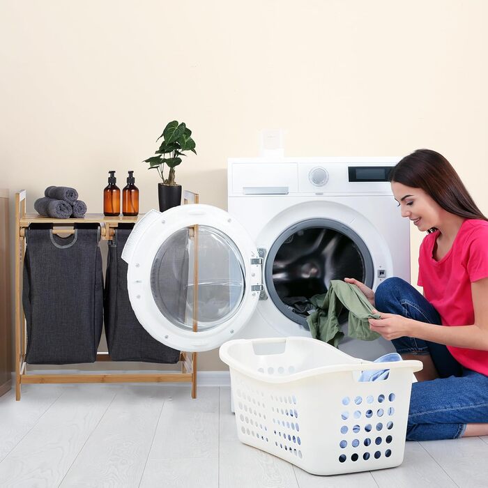 Relaxdays Wäschekorb Bambus, 2 Fächer, ausziehbar, 60L, Natur, 1 Stück (Grau)