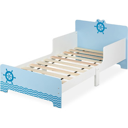 Relaxdays Kinderbett mit Rausfallschutz, HBT: 60x77x143 cm, Lattenrost, Kleinkindbett mit Seefahrt-Motiv, MDF, blau/weiß